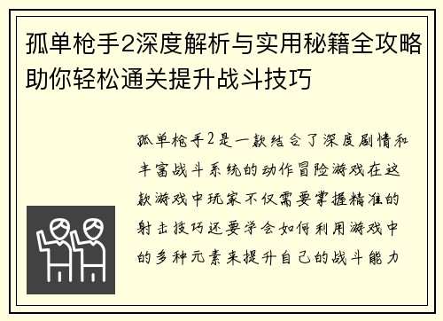 孤单枪手2深度解析与实用秘籍全攻略助你轻松通关提升战斗技巧