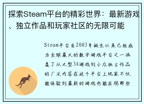 探索Steam平台的精彩世界：最新游戏、独立作品和玩家社区的无限可能